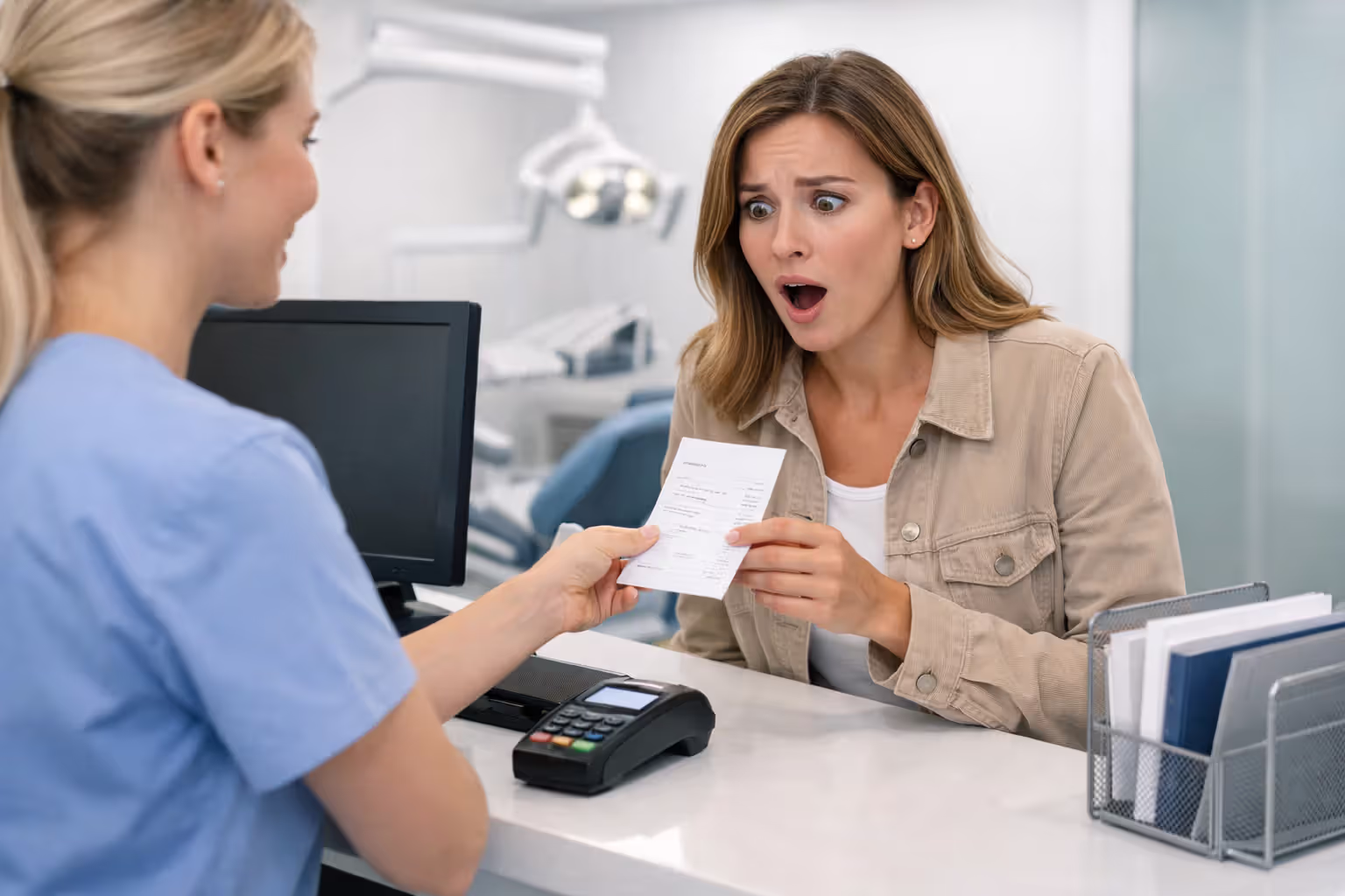 A patient at a dental office front desk looking surprised at a bill being handed to her by a receptionist, with a computer monitor and card reader on the counter in a modern dental clinic