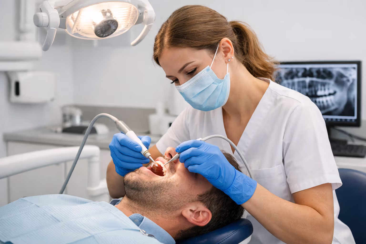 Dental hygienist performing professional teeth cleaning on a patient in a modern dental office with an X-ray on screen in the background