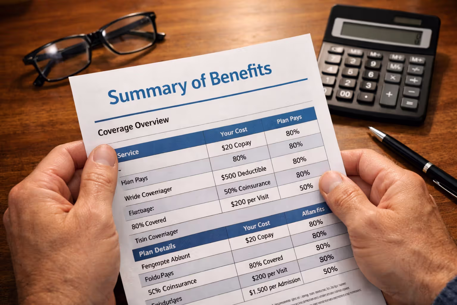 Person reviewing a dental insurance Summary of Benefits document at a desk with a calculator and glasses nearby