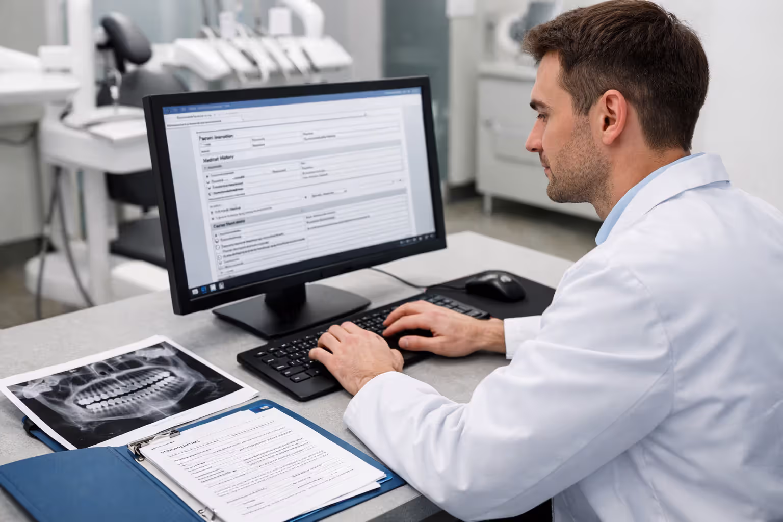 Dentist typing narrative on computer with dental X-ray and patient folder on desk in modern office