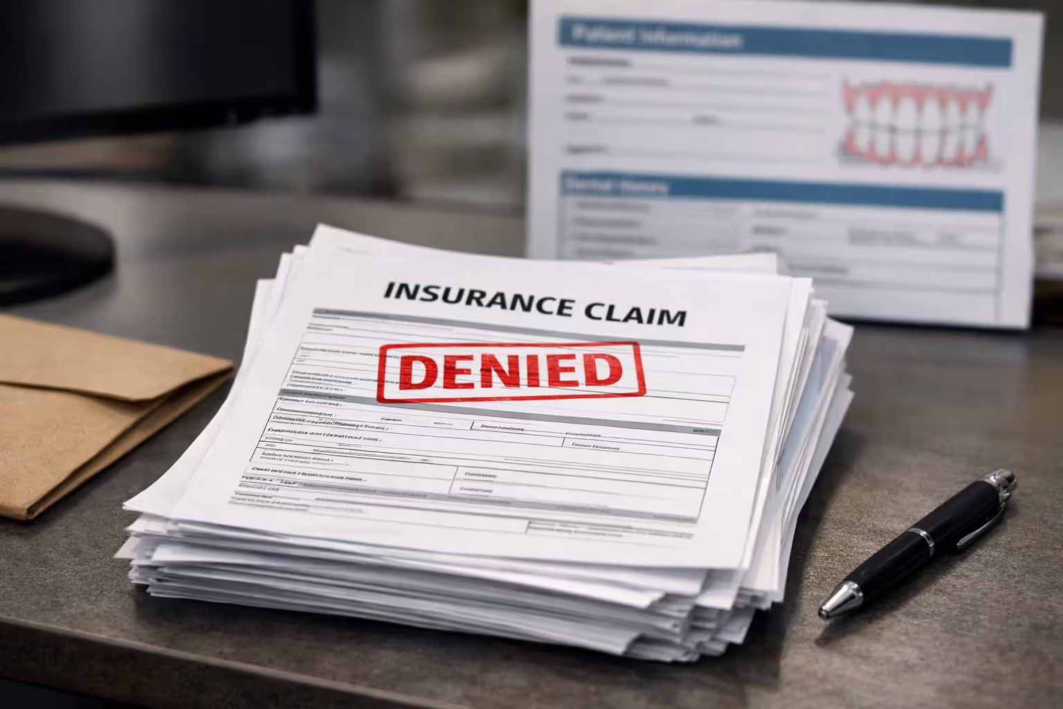 Stack of insurance claim documents on desk with red DENIED stamp on top sheet next to envelope and pen