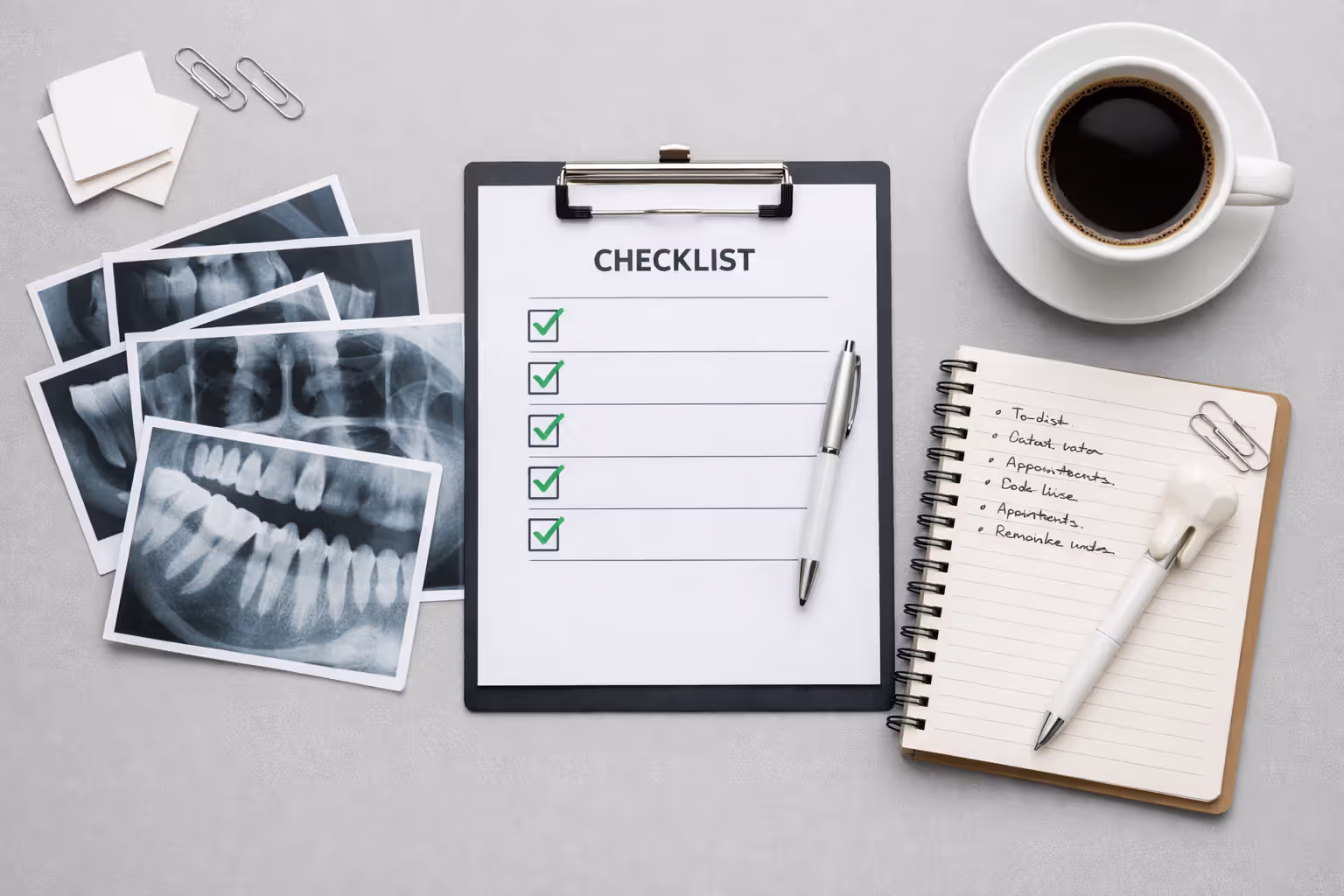 Top view of dental administrator desk with X-ray films, checklist with checkmarks, notepad, and coffee cup