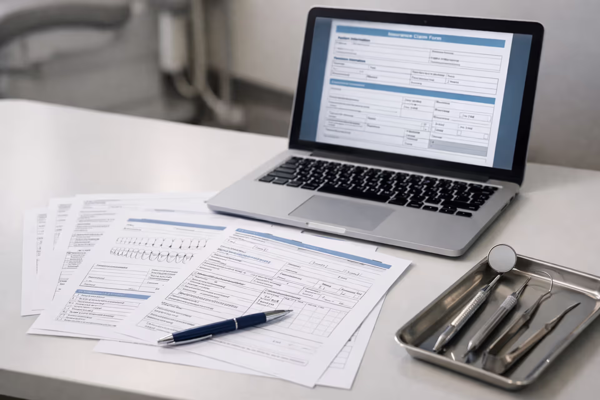 Dental office desk with insurance claim documents, laptop showing claim form, and dental instruments