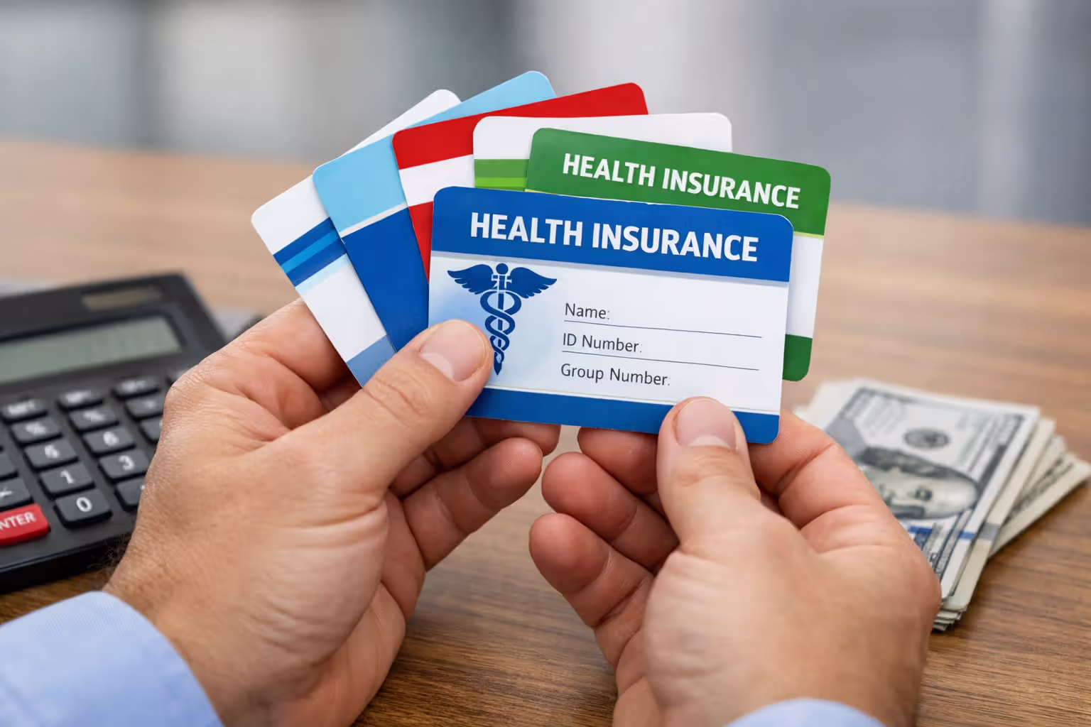 Close-up of hands holding several insurance cards with a calculator and dollar bills on a desk