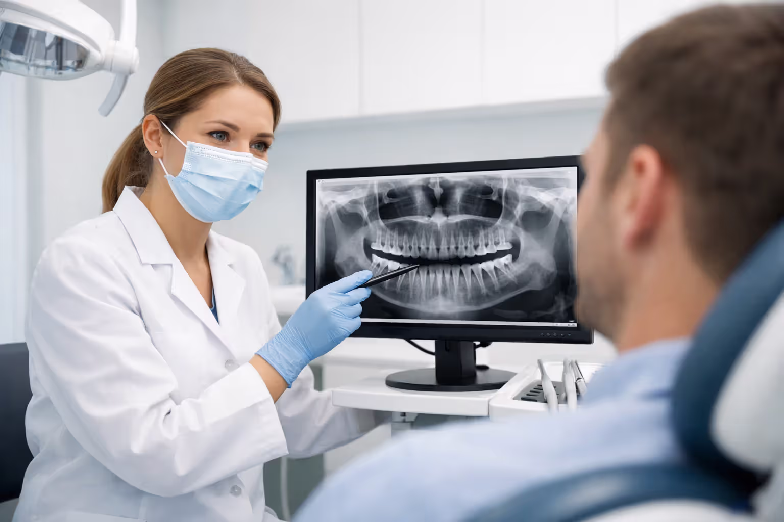 Dentist showing a dental X-ray on a monitor to a patient in a modern dental office