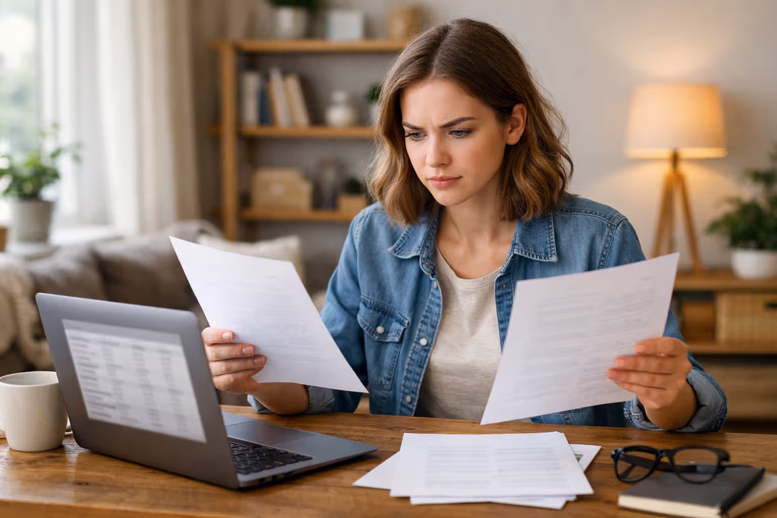 Young woman at home comparing two printed insurance documents while sitting at a desk with an open laptop