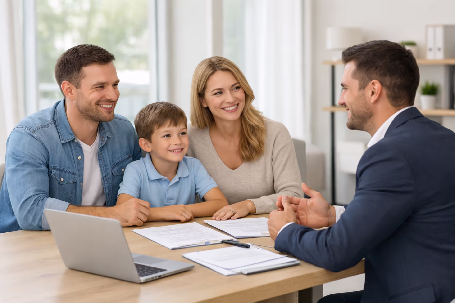 Family consulting with insurance advisor in a bright modern office with documents and laptop on the desk