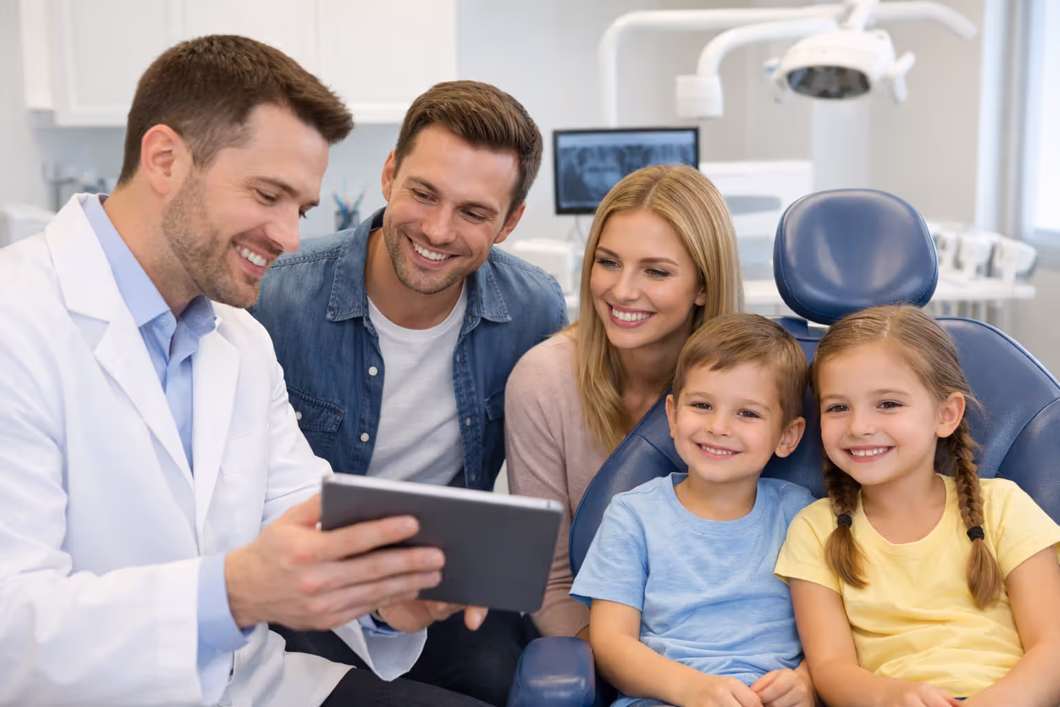 Family with two children visiting a modern dental office, dentist showing information on a tablet to parents