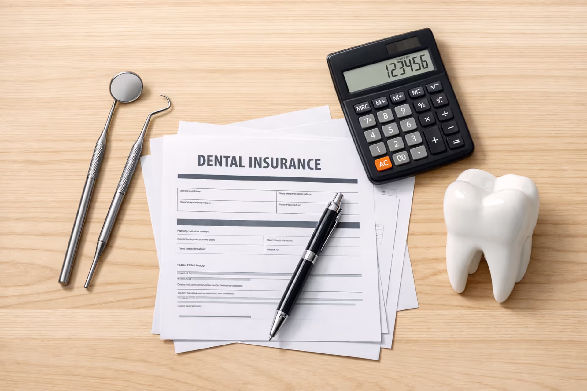 Dental insurance documents, calculator, pen, and dental tools arranged on a light wooden desk, top-down view