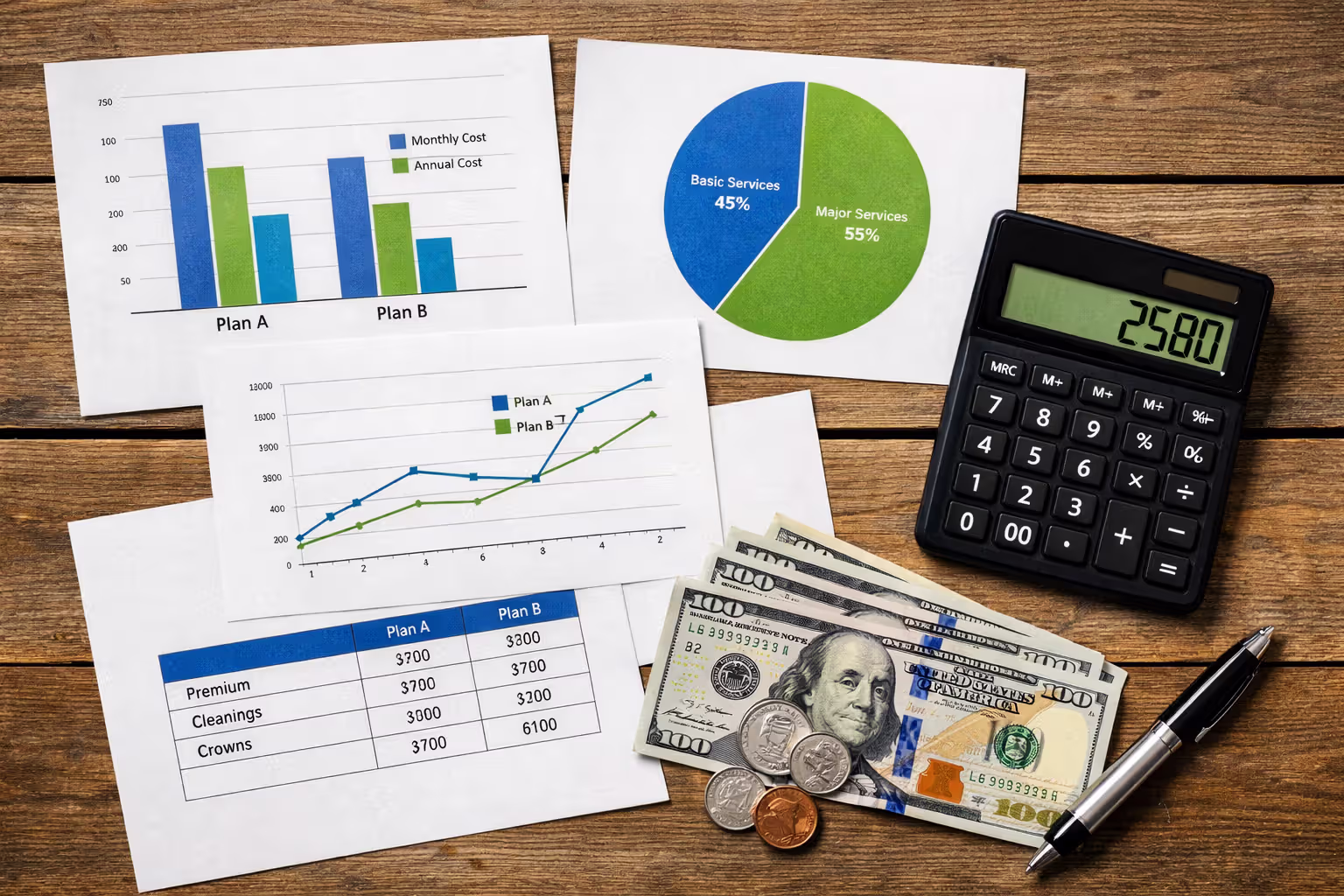 Flat lay of financial documents with charts calculator dollar bills coins and a pen on a wooden desk representing dental insurance cost calculation
