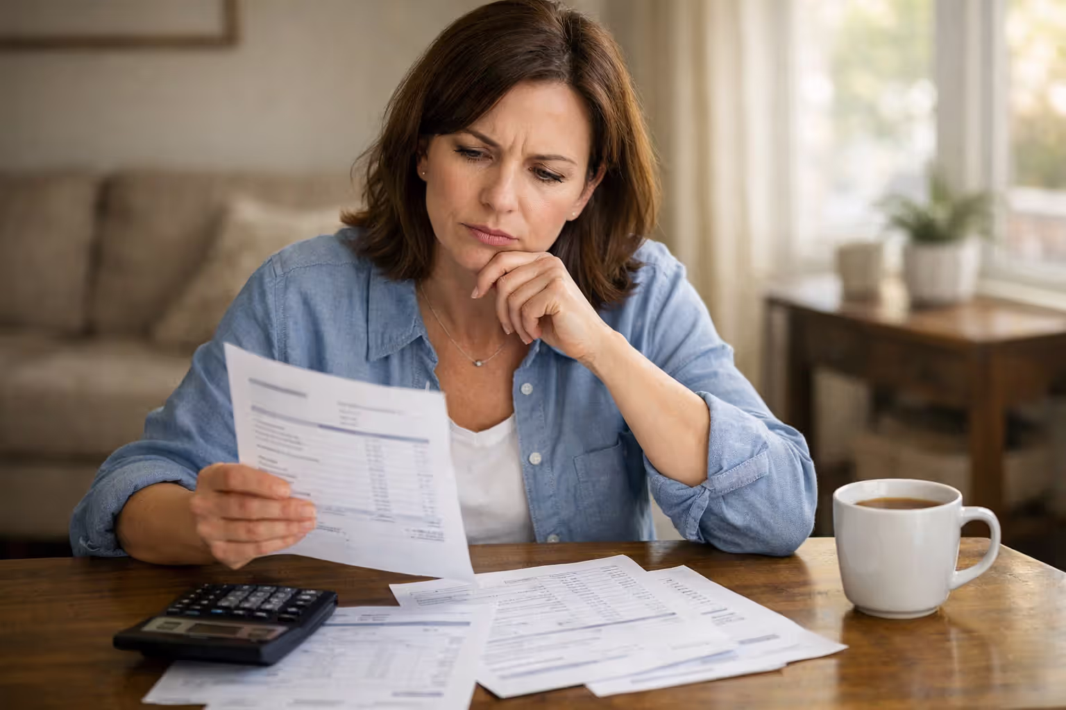 Young woman sitting at a home desk reviewing dental bills with a calculator looking concerned