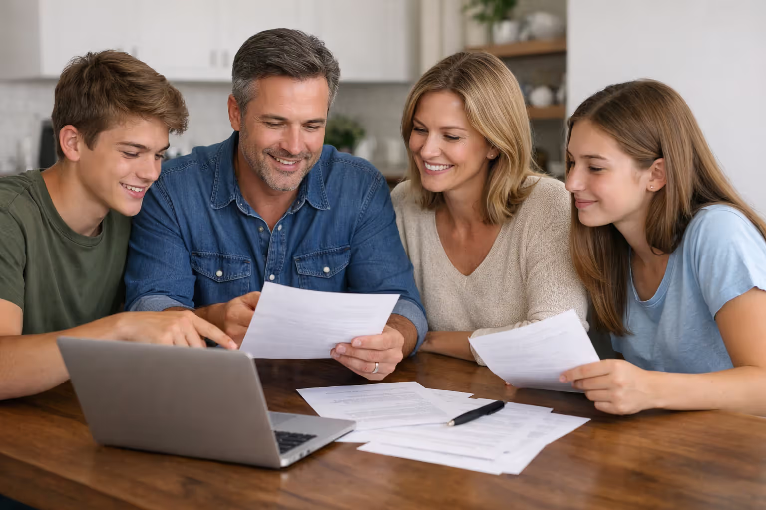 Family of four sitting together at a table discussing insurance documents with a laptop and printed papers