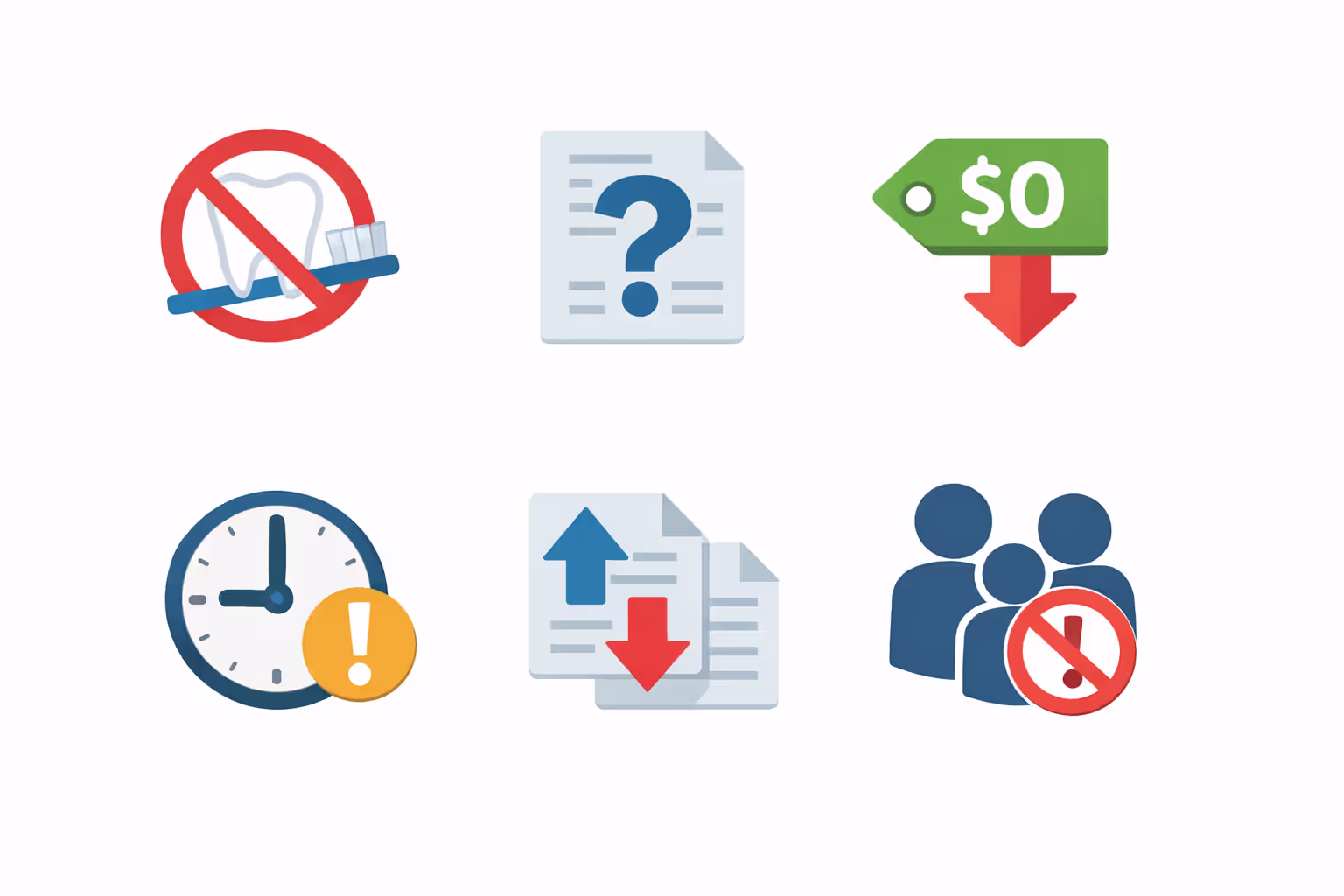Six icons illustrating common dental insurance deductible mistakes including skipping cleanings losing track and confusing deductible with annual maximum