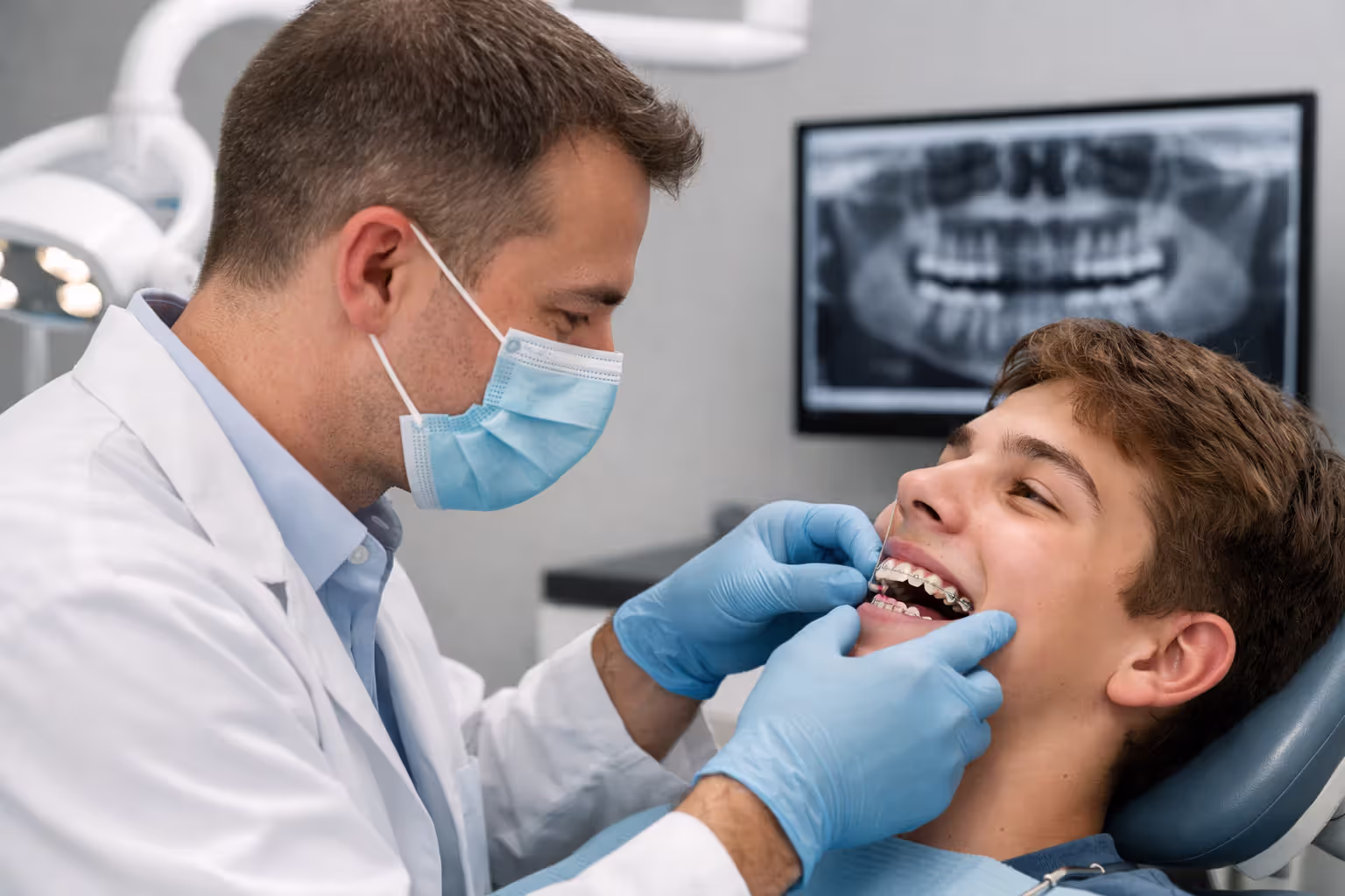 Orthodontist in gloves examining a teenager patient with ceramic braces in a modern dental clinic with X-ray on screen