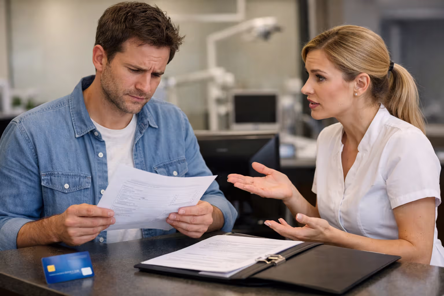 Patient discussing dental insurance exclusions with clinic staff