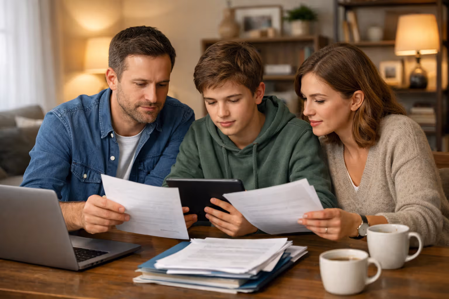 Young family with a teenager reviewing insurance documents and a tablet with charts at a home table with laptop and coffee cups