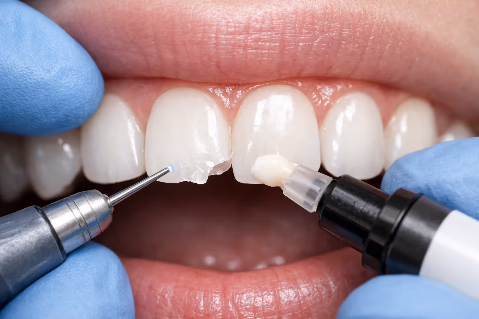 Close-up of a dentist preparing a chipped front tooth for dental bonding