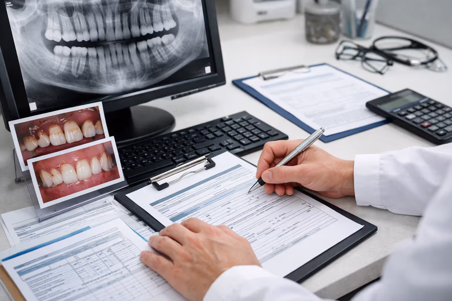 Dental pre-authorization documents, X-rays, and clinical photos for bonding insurance review