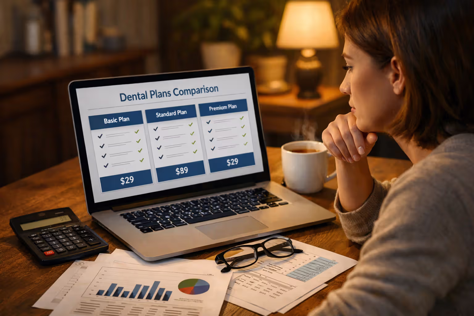 A person sitting at a home desk comparing dental insurance plans on a laptop screen with a calculator and printed documents nearby