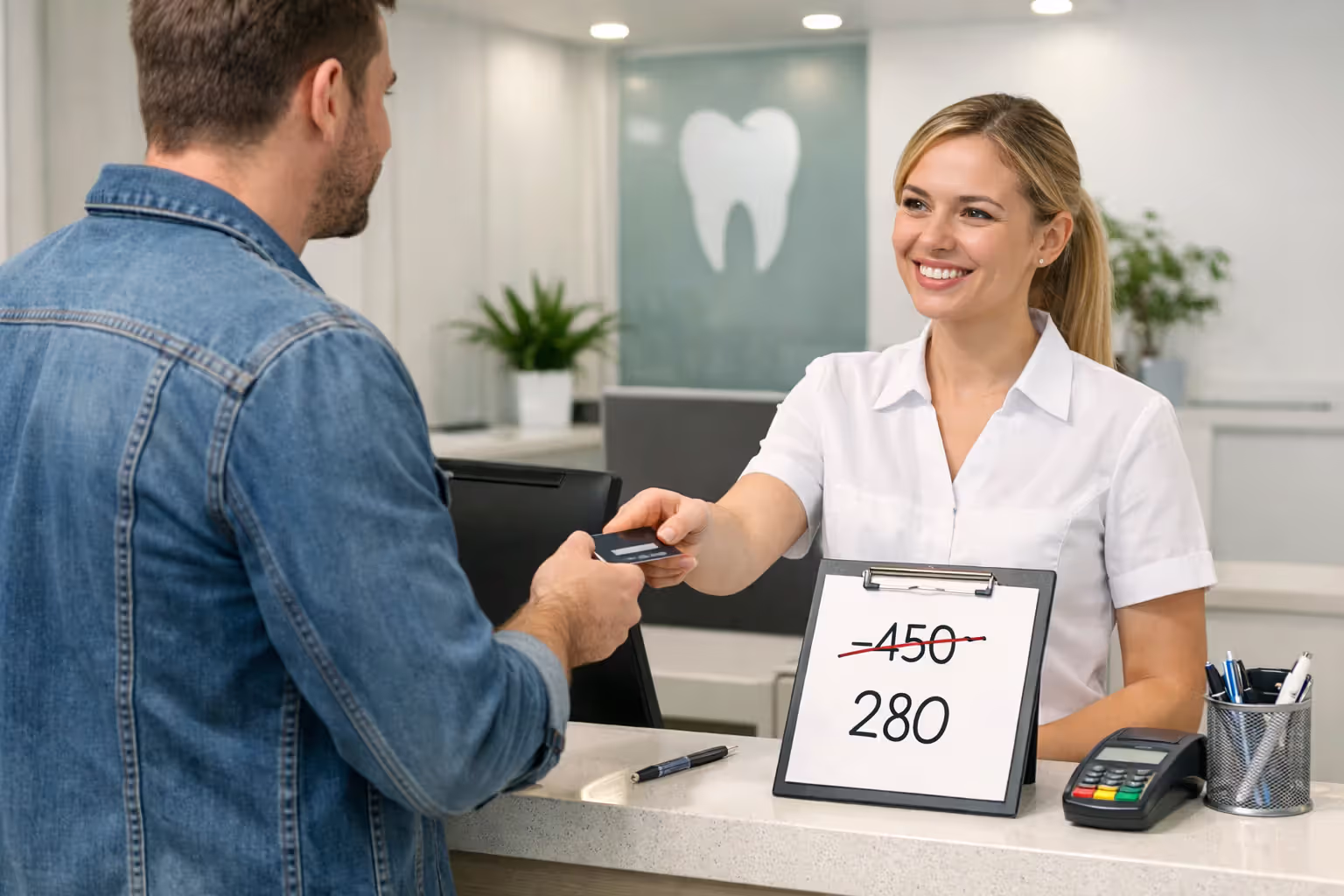A patient at a dental clinic reception desk handing payment to a smiling receptionist with a document showing a crossed-out price and a lower discounted price