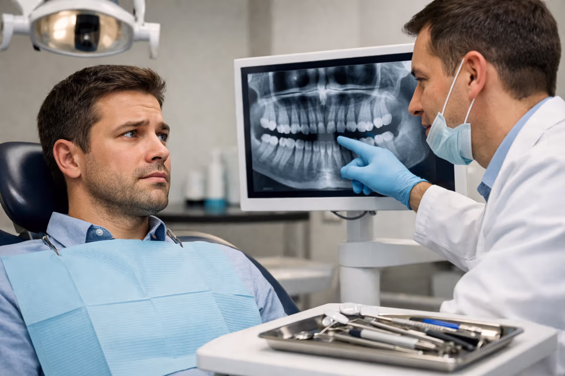 A worried patient sitting in a modern dental chair while a dentist in white coat points at a tooth X-ray on a monitor, dental instruments on a nearby tray
