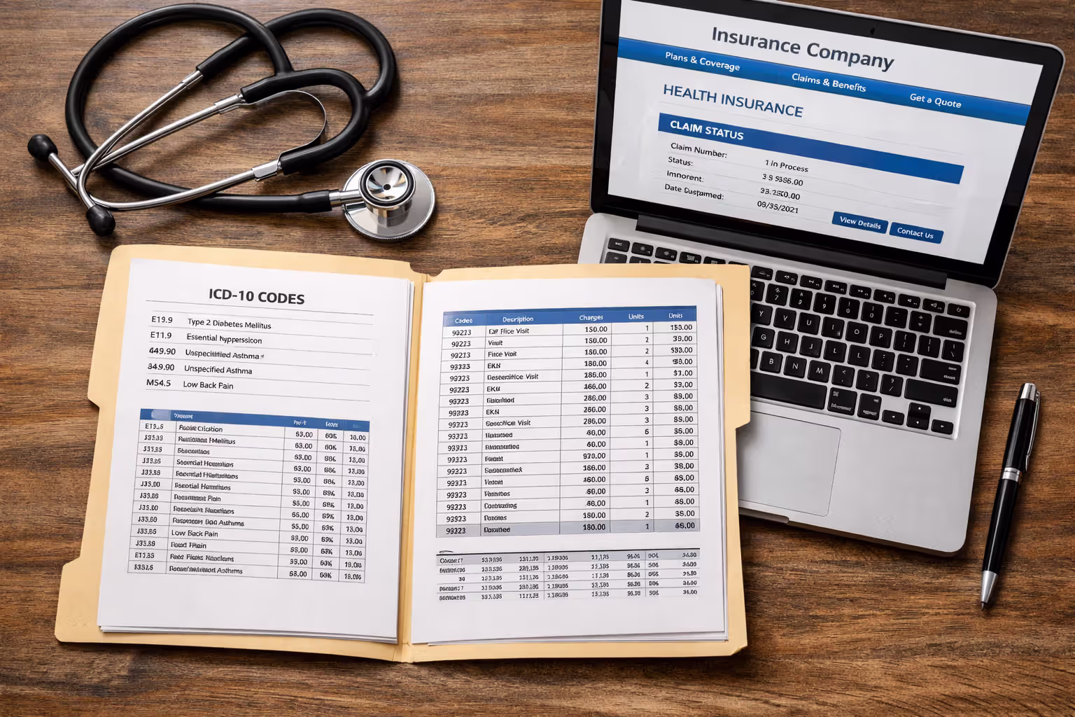 Top-down view of a desk with medical billing documents, insurance forms, a laptop, and a stethoscope