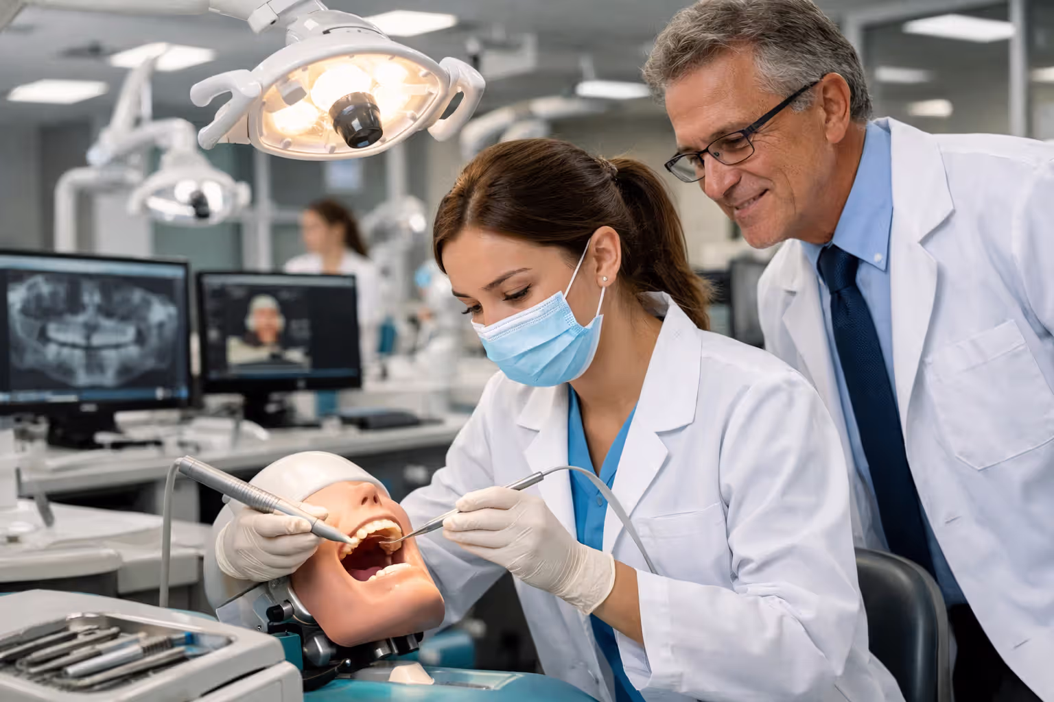 Dental student practicing implant procedure on a jaw model under professor supervision in a university clinic