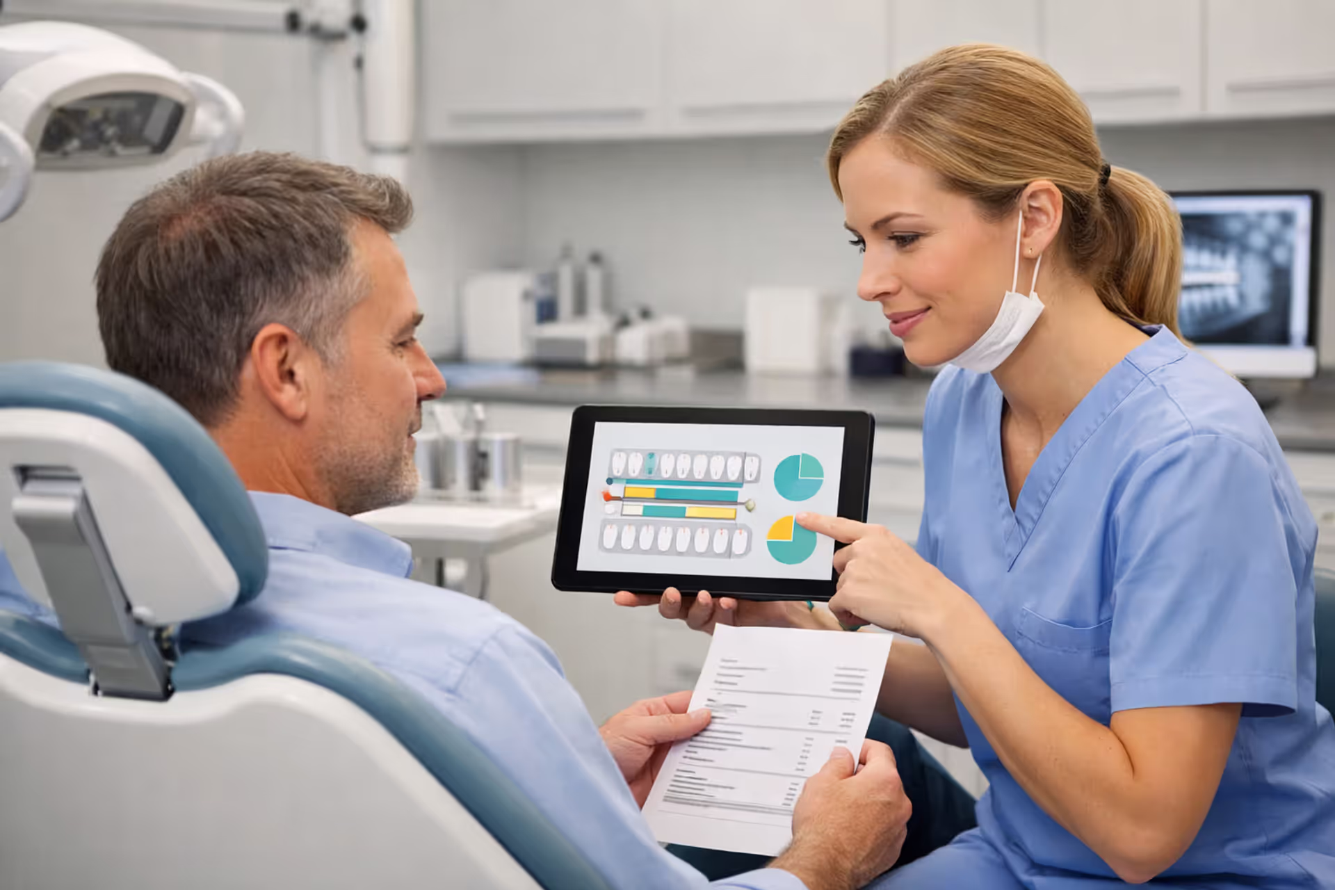Patient in a dental office reviewing a dental insurance bill with a dentist
