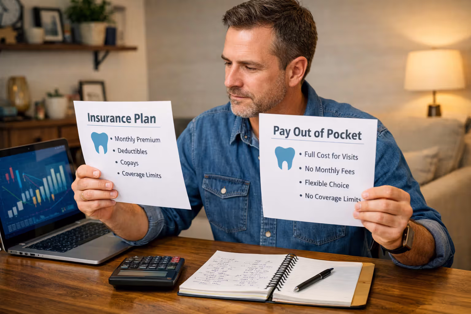 Person comparing dental treatment costs and insurance options at home