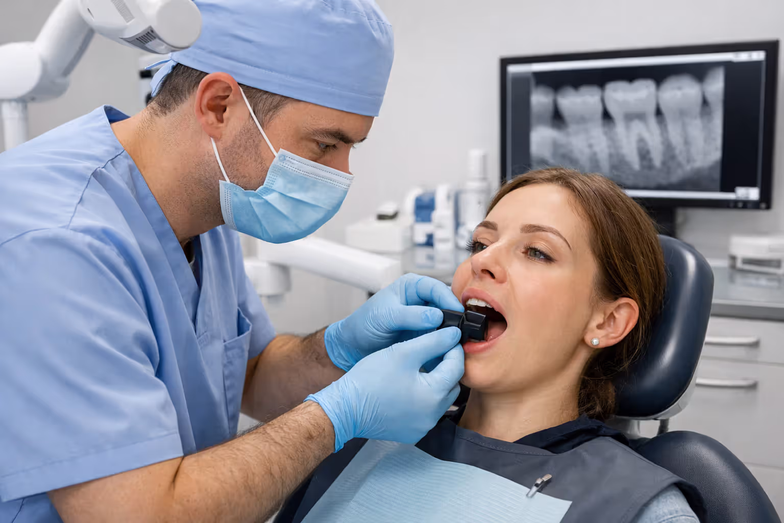 Dentist placing a digital x-ray sensor in a patient's mouth for a periapical dental radiograph in a clinical setting