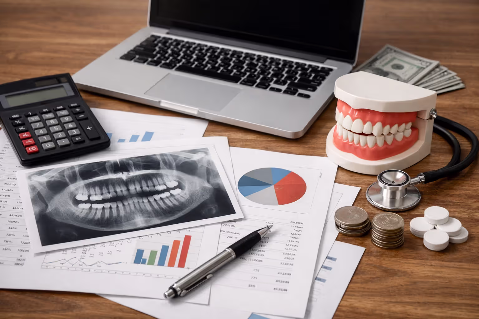 Calculating total annual dental insurance costs with paperwork and calculator