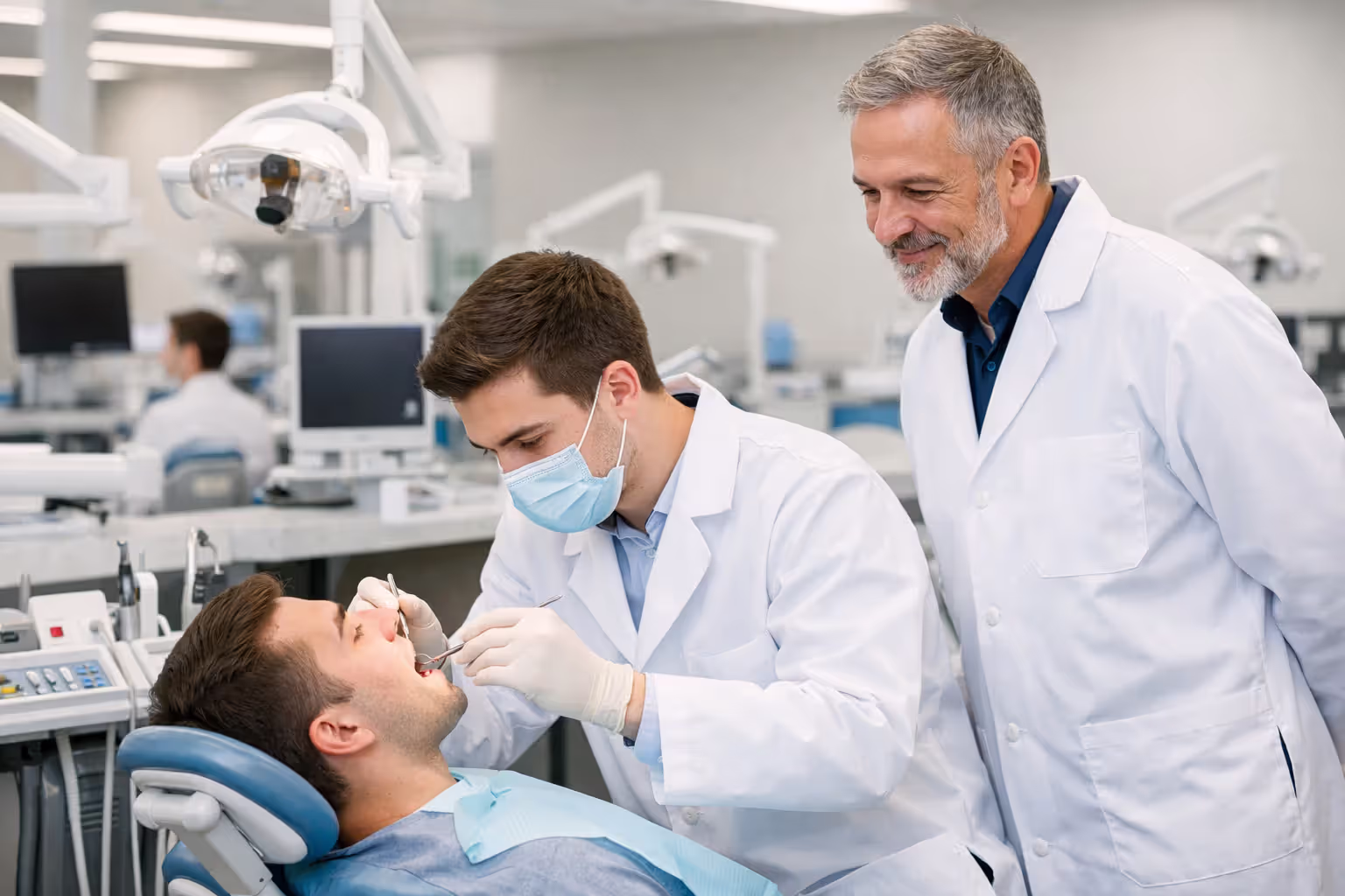 Dental school clinic with a student dentist examining a patient while a supervising instructor observes the procedure