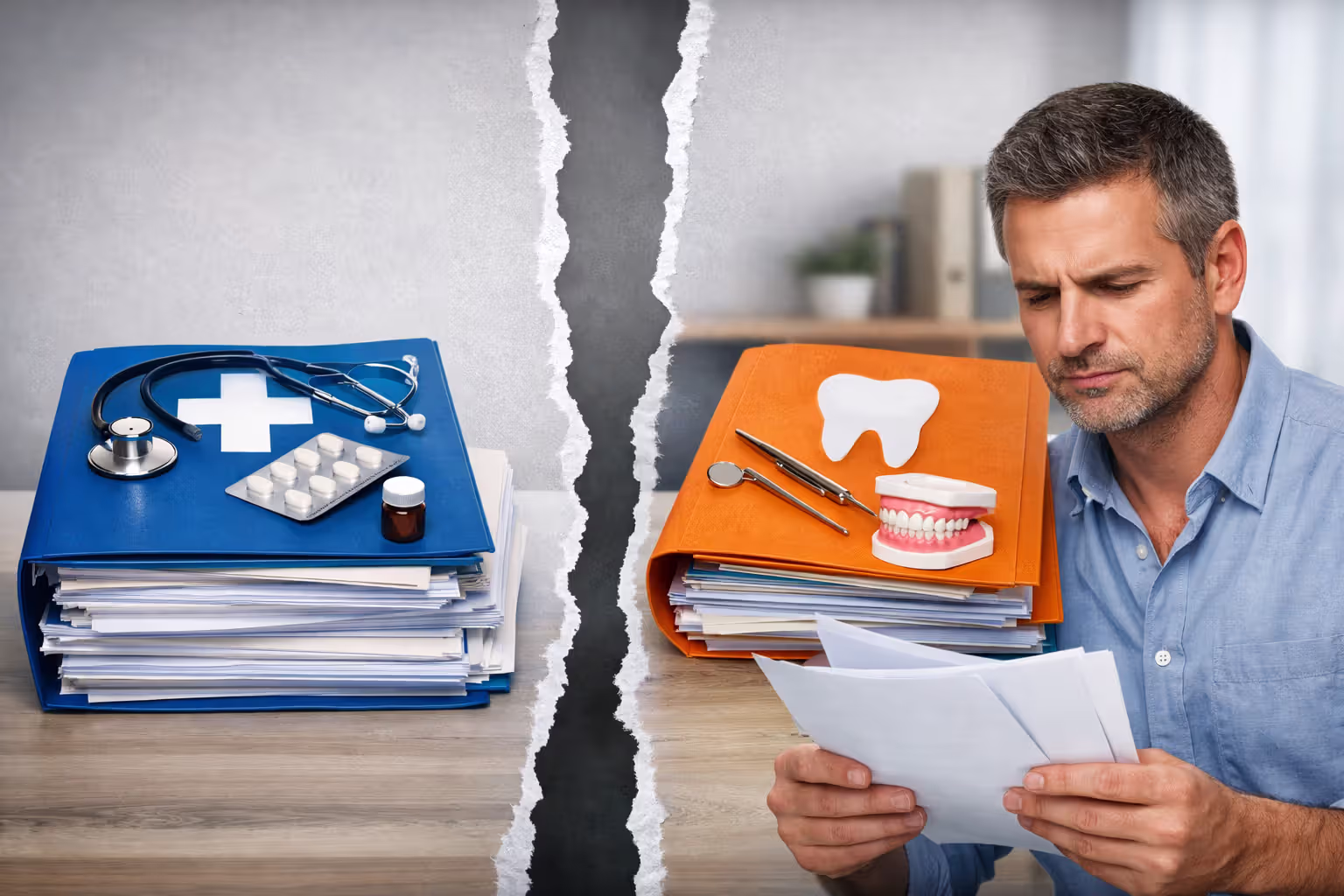 Person reviewing separate medical and dental insurance documents