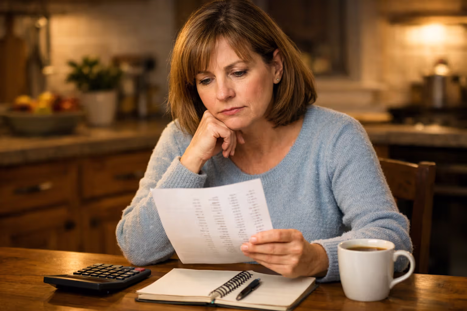 Woman comparing dental prices on a laptop at home with a notebook and cup of tea on the table