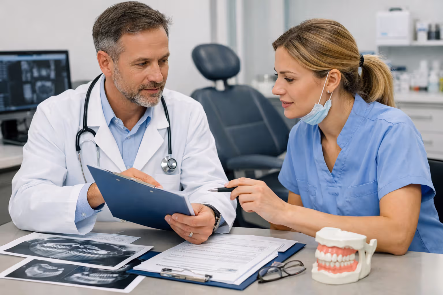 Doctor and dentist reviewing a patient case before surgery
