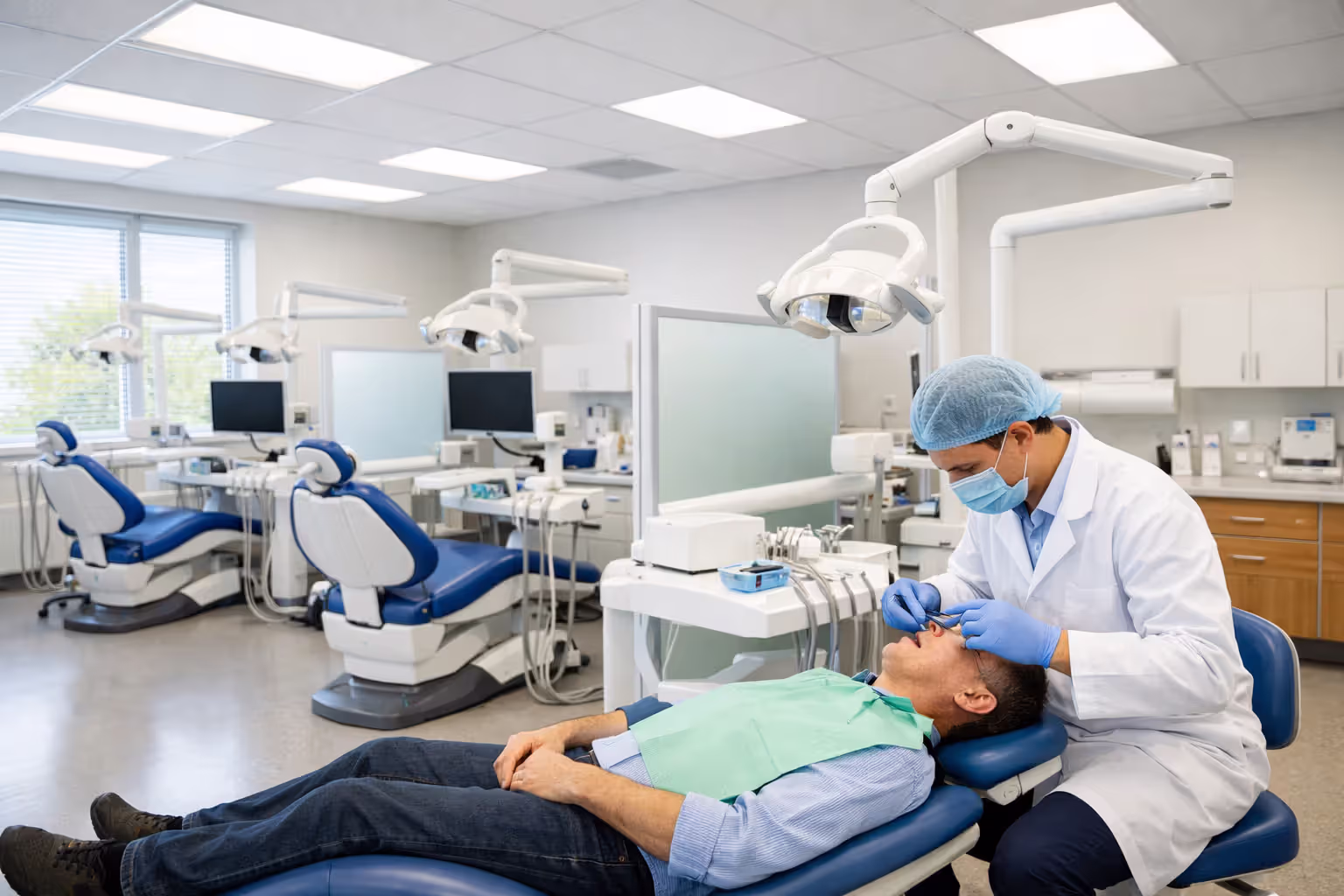 University dental school clinic with students in white coats treating patients under faculty supervision in a spacious room with large windows