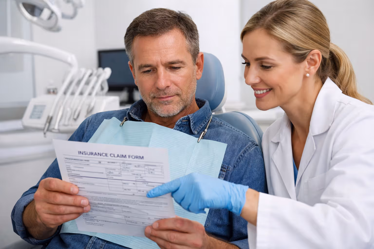 Patient in a dental chair reviewing an insurance document while a dentist in a white coat points at a specific line explaining coverage details