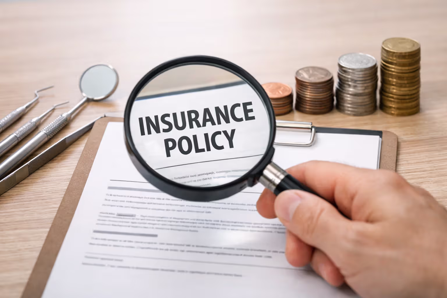 Hand holding magnifying glass over insurance document with dental tools and stacked coins on table