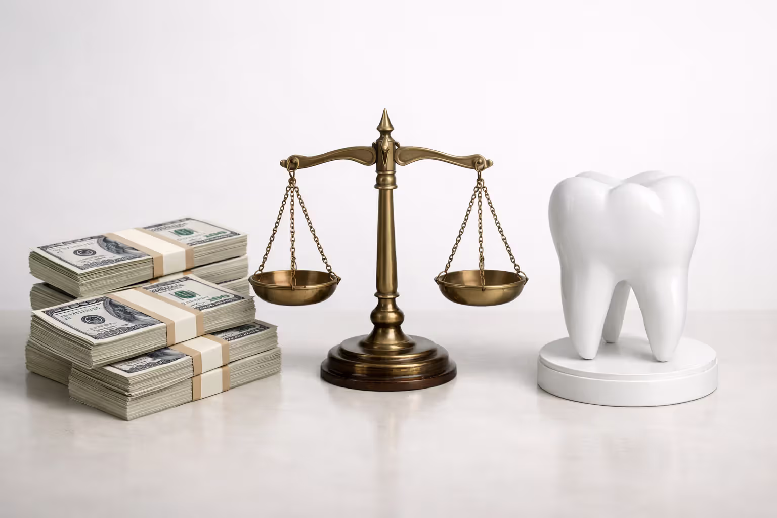 Balance scale with dollar bills on one side and white tooth model on other side representing dental insurance value decision