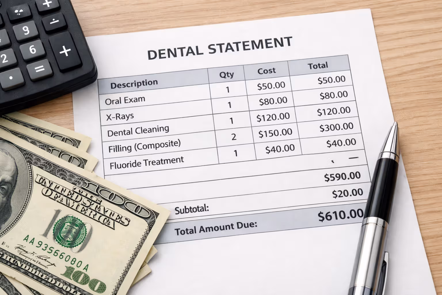 Itemized dental bill on desk with calculator, pen, and US dollar bills showing cost breakdown