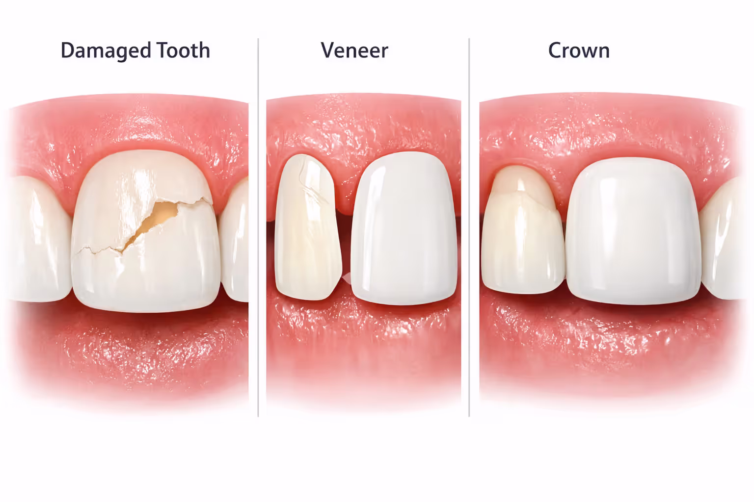 Comparison of a damaged front tooth restored with a veneer versus a crown