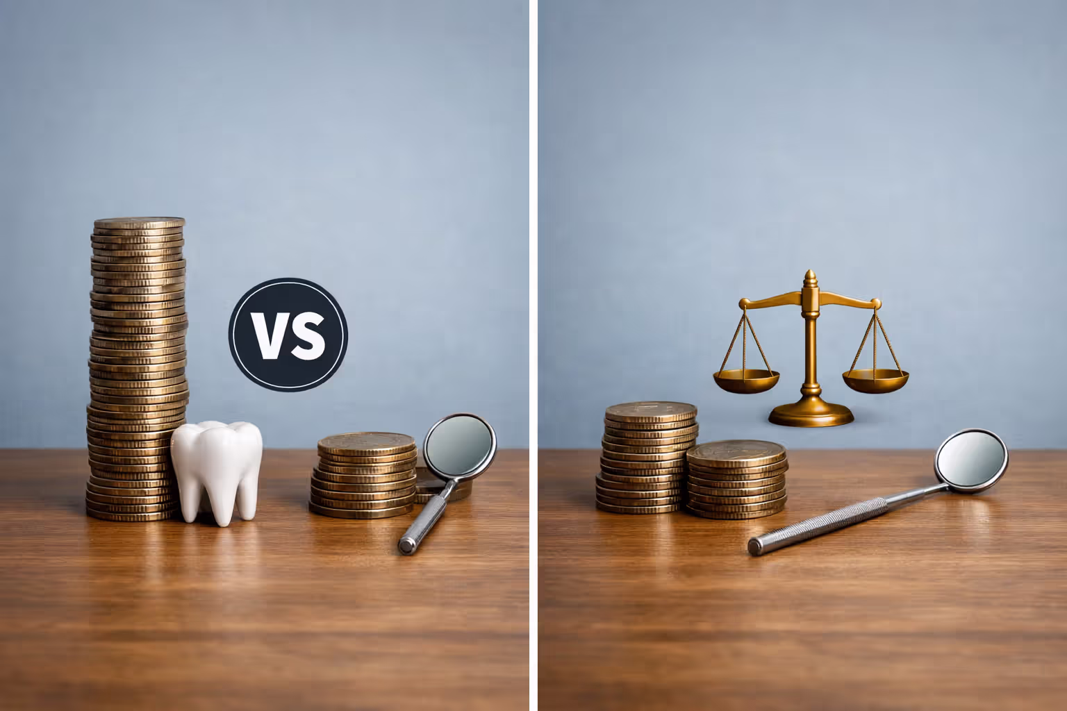 Two stacks of coins of different heights with tooth model and dental mirror symbolizing insurance versus out-of-pocket cost comparison