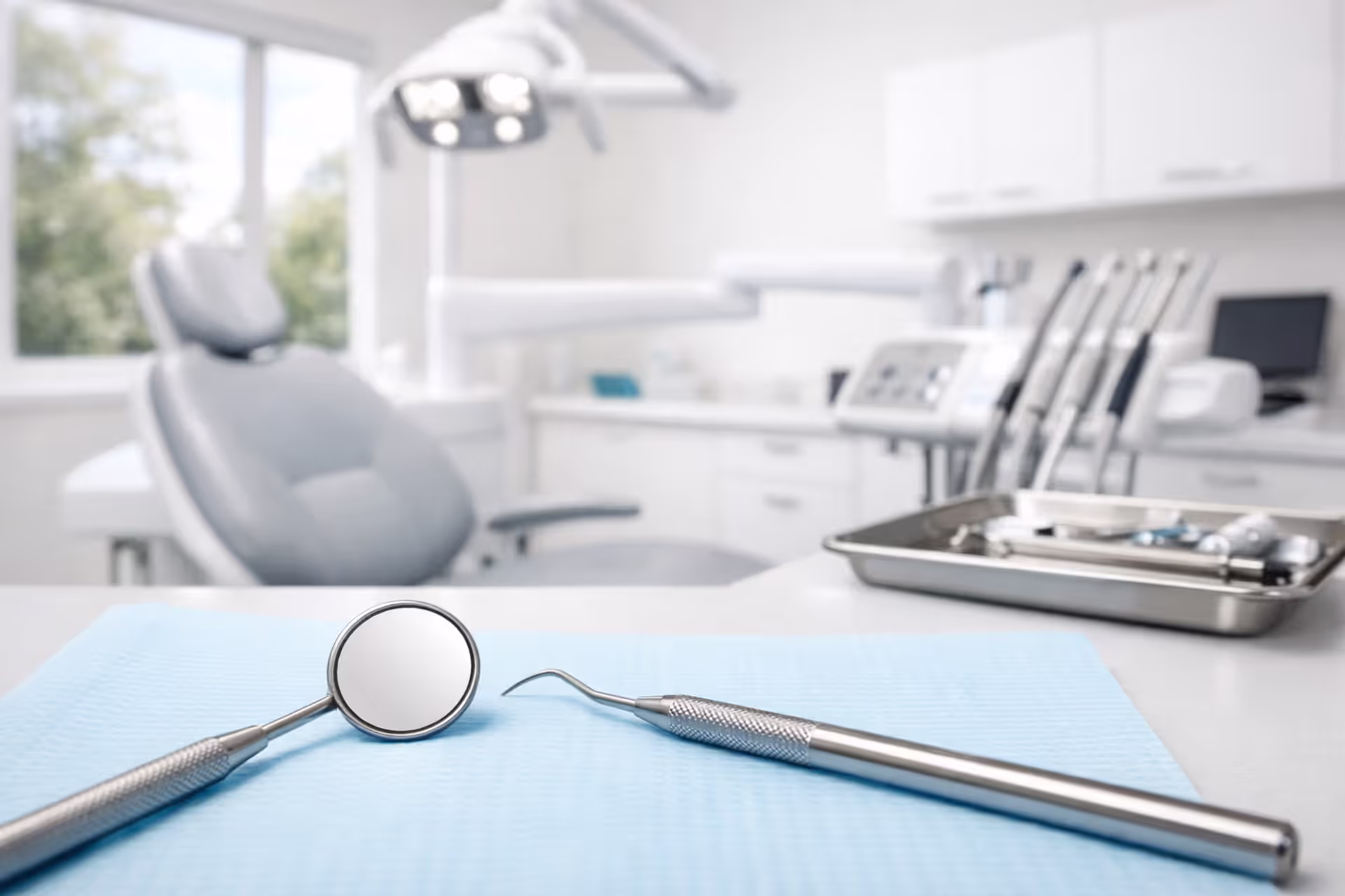 Modern dental office with patient chair, dental mirror and probe on clean tray, bright overhead lamp, and natural window light
