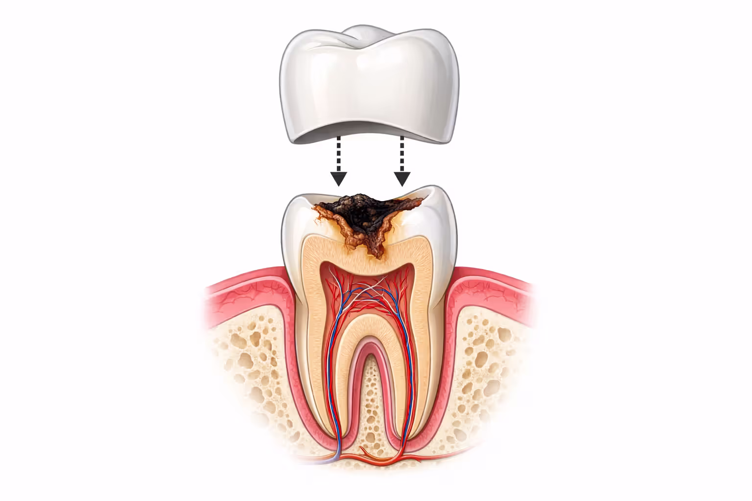 Medical illustration showing a cross-section of a damaged tooth with a dental crown cap being placed over it on a clean white background