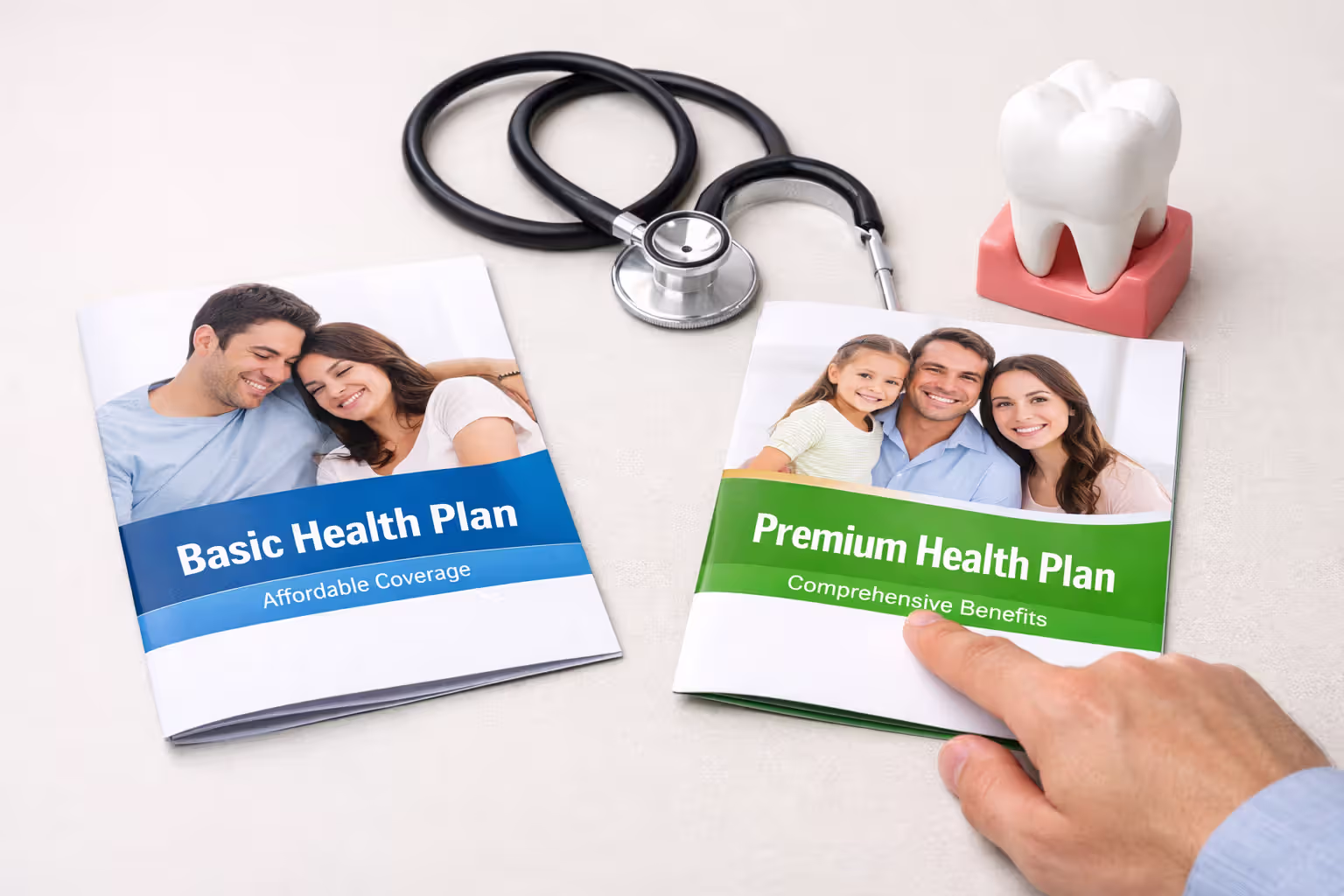 A person comparing two dental insurance plan brochures on a desk with a tooth model and stethoscope choosing between coverage option