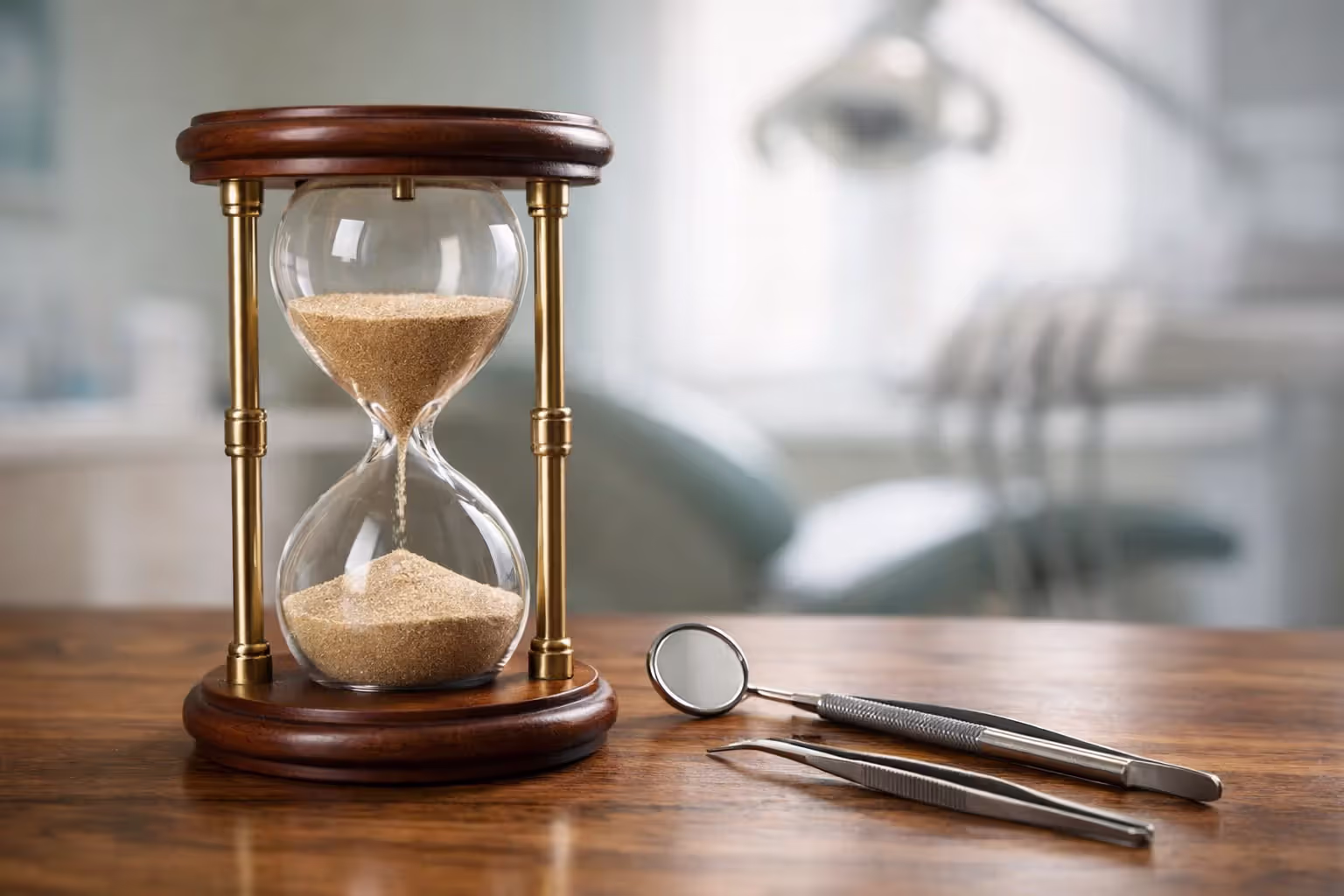 Hourglass with sand halfway through on a wooden desk next to dental mirror and probe symbolizing insurance waiting period