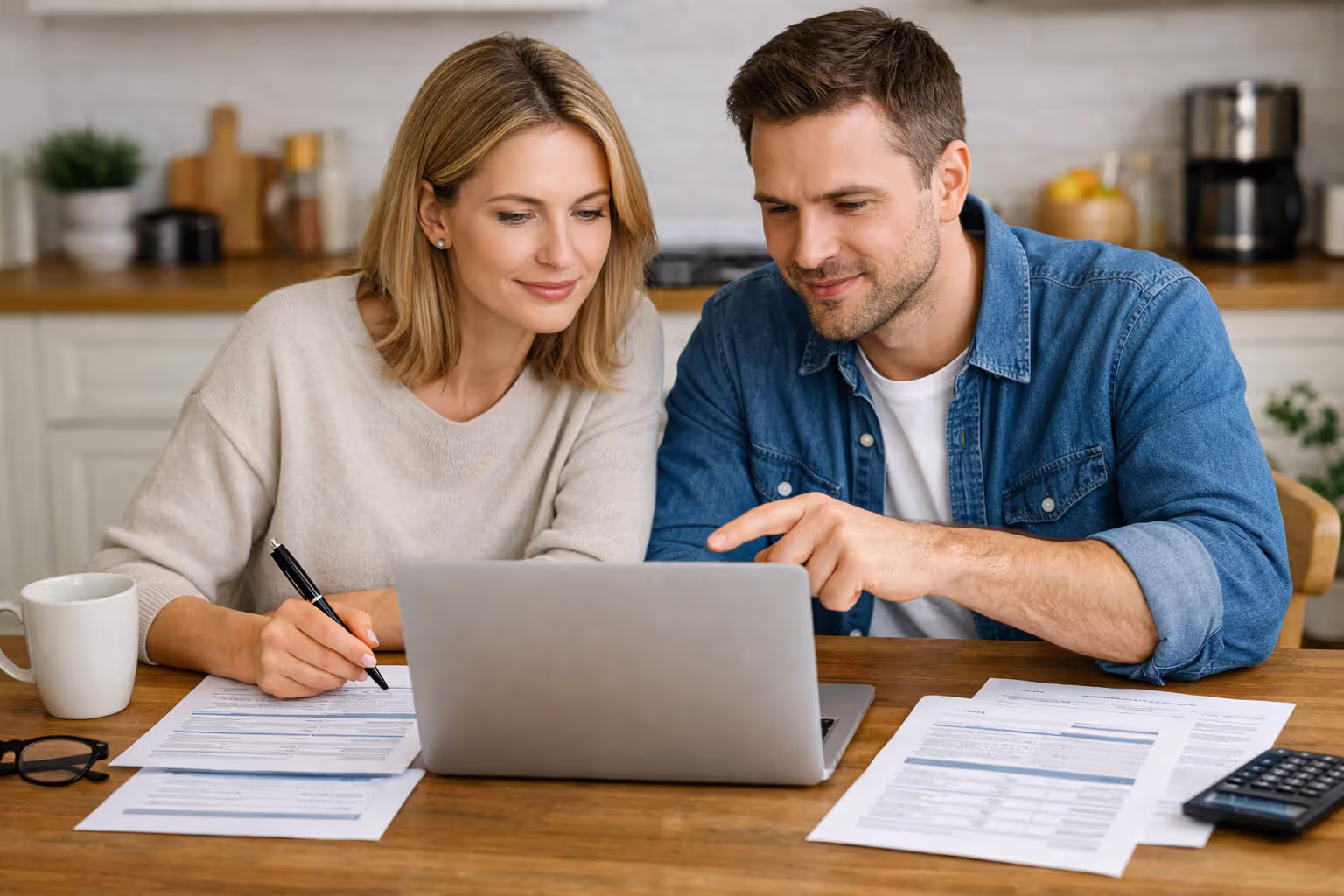 A couple sitting at a kitchen table comparing dental insurance plans on a laptop with printed insurance documents spread on the table