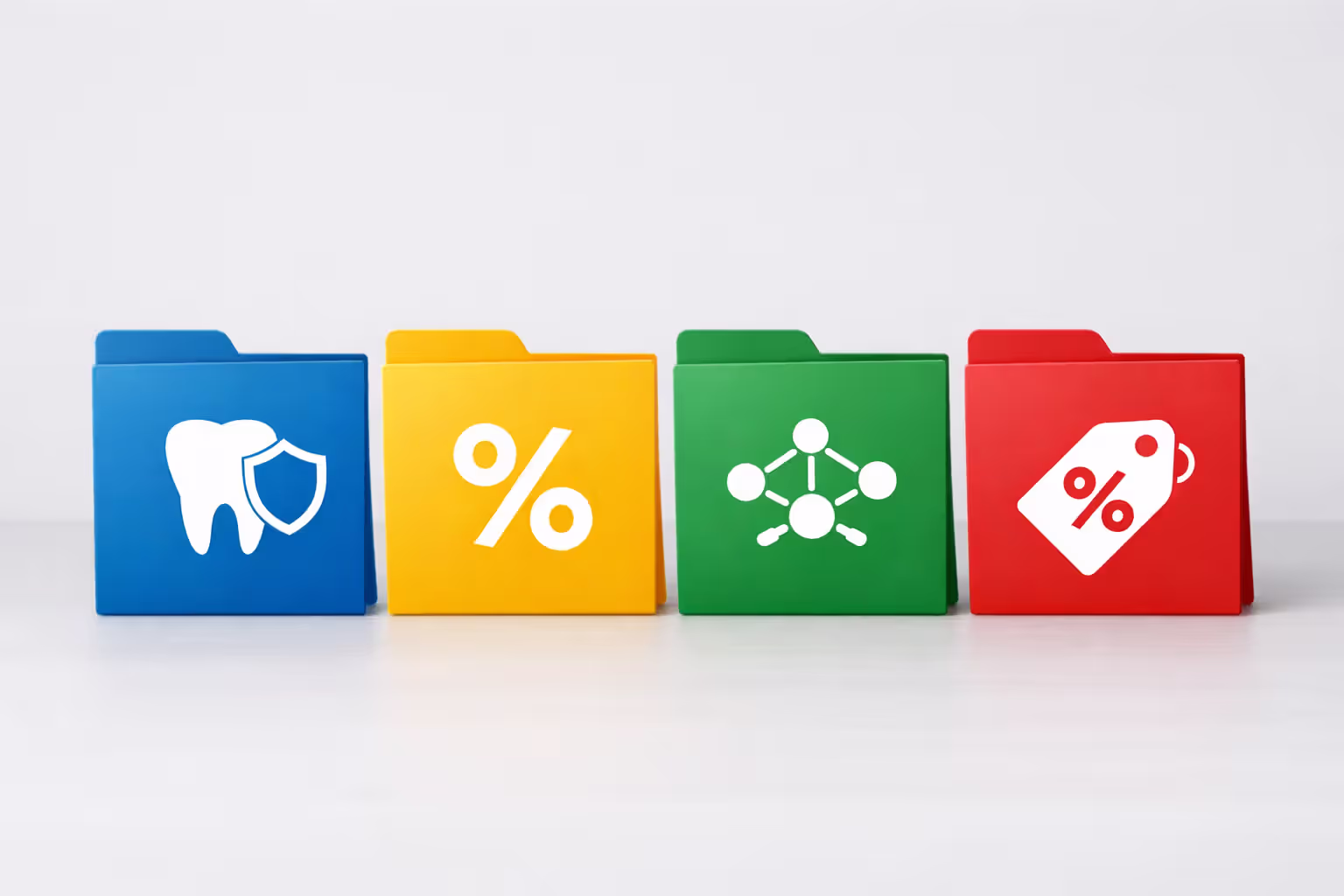 Four colorful folders standing in a row on a desk each with a simple icon representing different dental insurance plan types on a neutral gray background