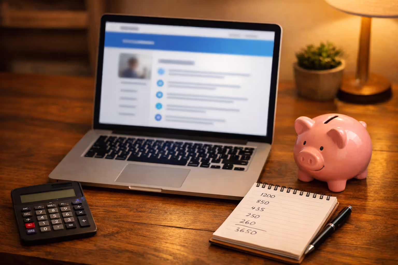 Laptop on a desk showing a webpage with options list next to a calculator notepad with handwritten numbers and a piggy bank in warm home lighting