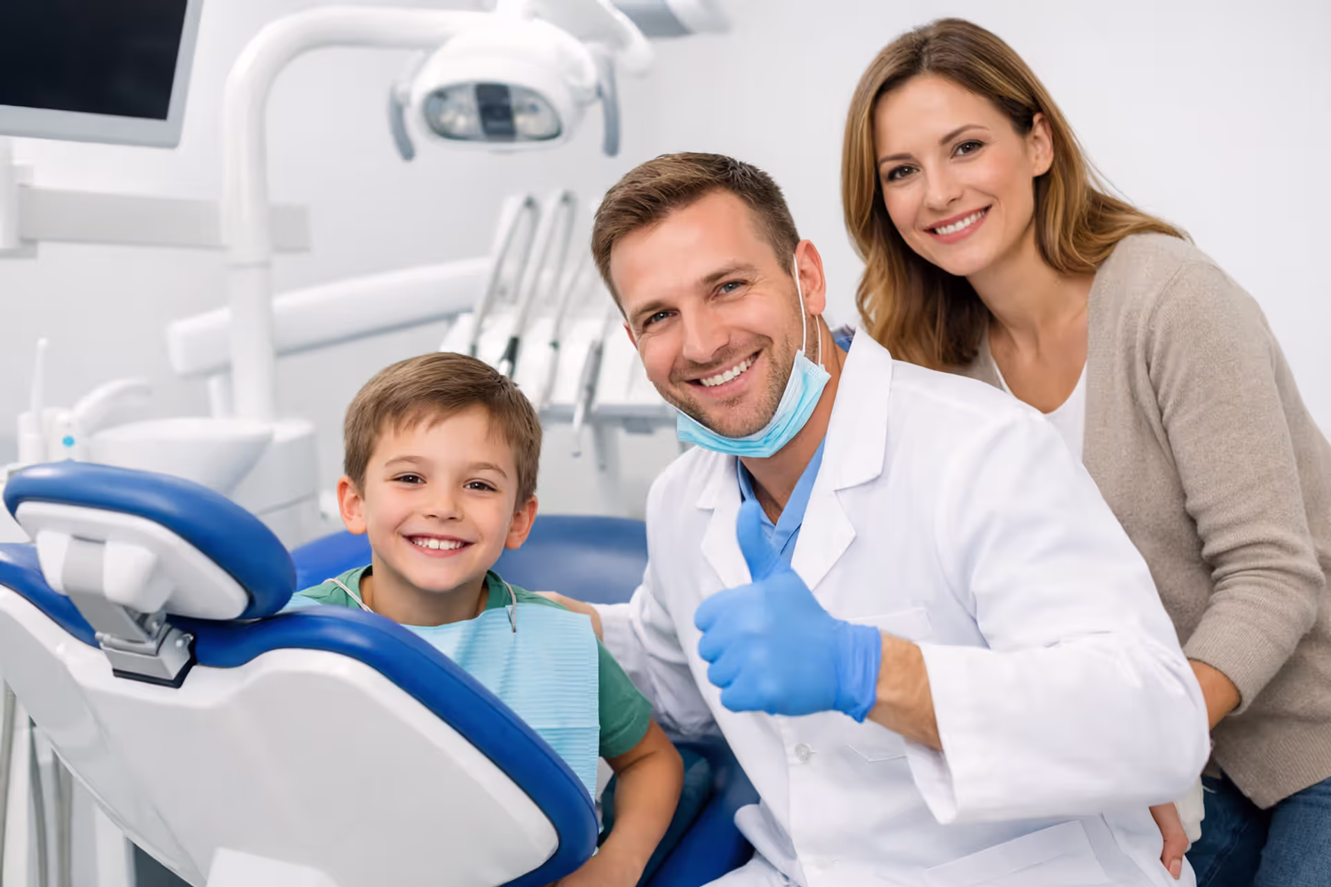 Smiling child sitting in a dental chair with a friendly pediatric dentist giving thumbs up and a reassured mother standing nearby in a modern dental office